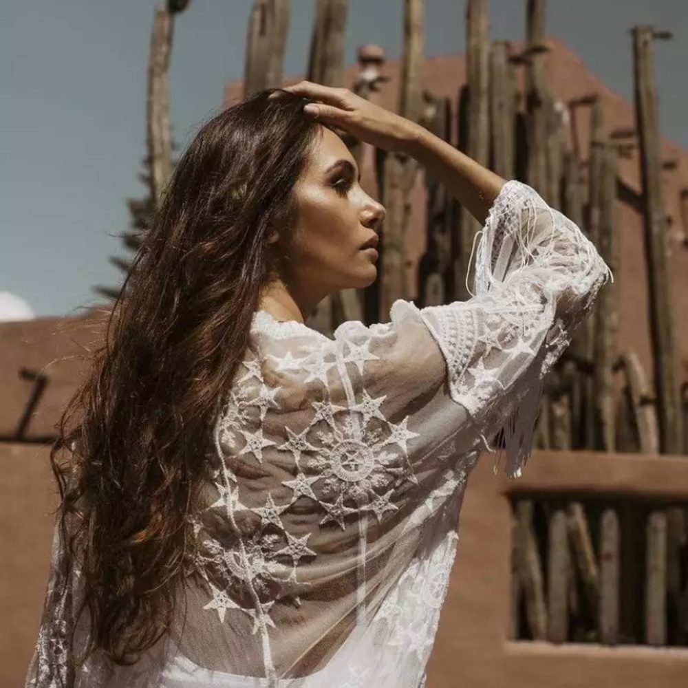 SOLD OUT Bohemian Star Embroidered Sheer Mesh Duster Wrap - Picture 4 of 12